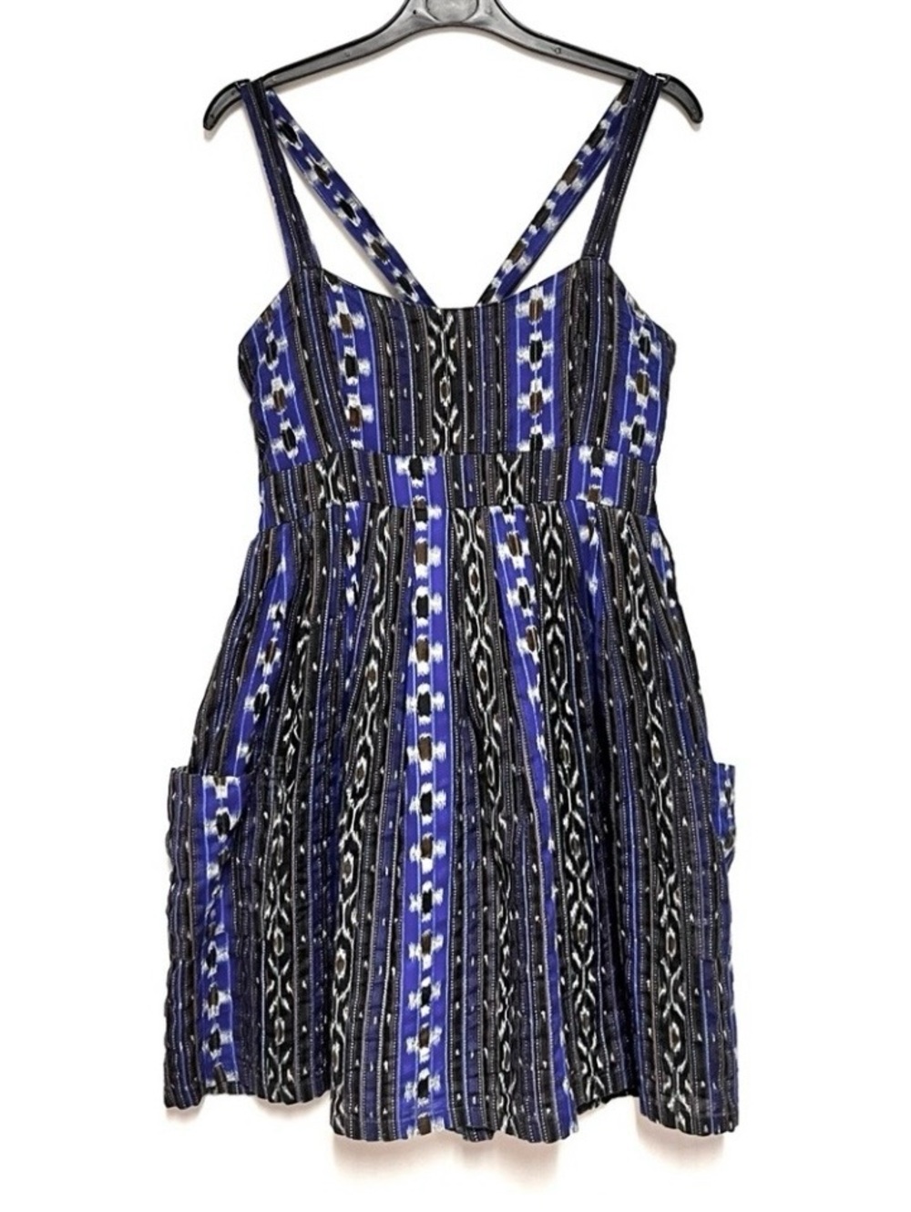 Topshop Ikat Woven Mini Dress 6 Blue Black Cotton Halter Crisscross Pockets Boho